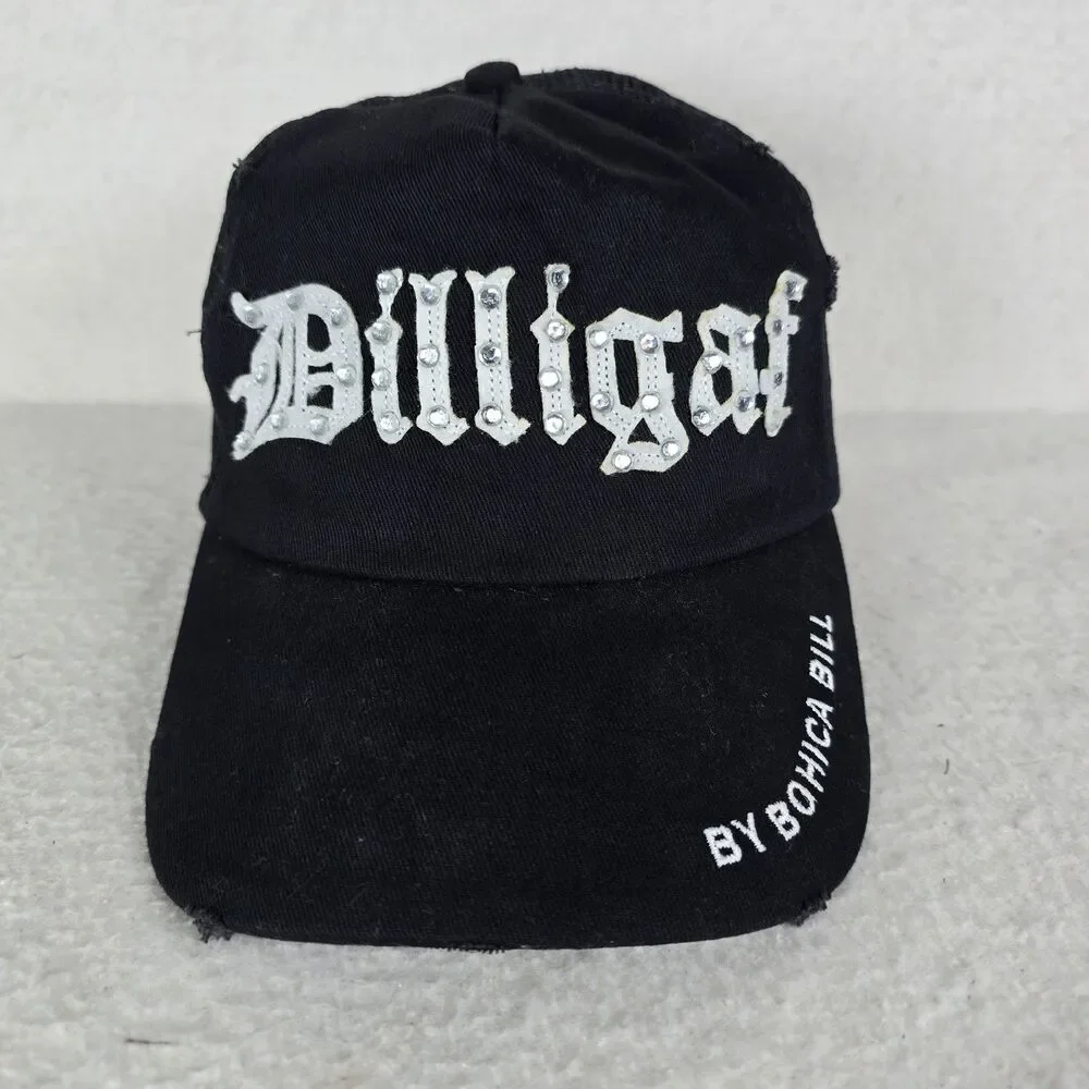 DILLIGAF by Bohica Bill Truckers Black Baseball Cap Embroidered Rhinestone Logo